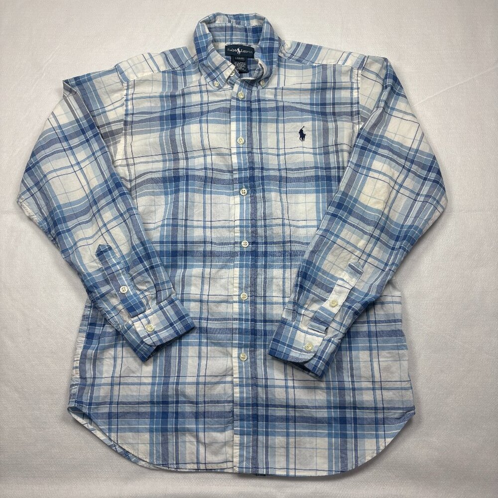 Polo Ralph Lauren Boys Blue Plaid Button Down Shirt Classic Pony L 14-16